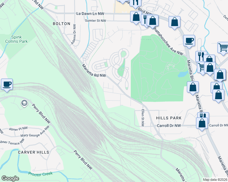 map of restaurants, bars, coffee shops, grocery stores, and more near 1888 Marietta Road Northwest in Atlanta