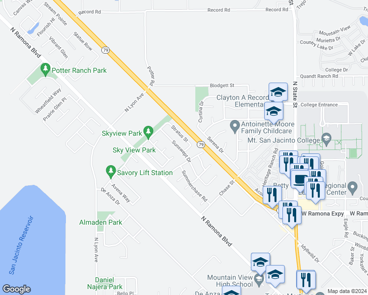 map of restaurants, bars, coffee shops, grocery stores, and more near 1413 Sunswept Drive in San Jacinto