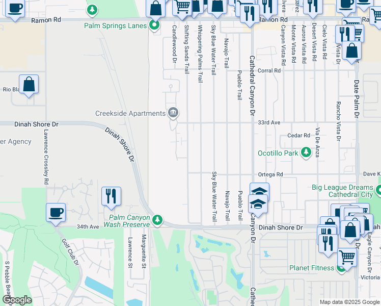 map of restaurants, bars, coffee shops, grocery stores, and more near Shifting Sands Trail in Cathedral City