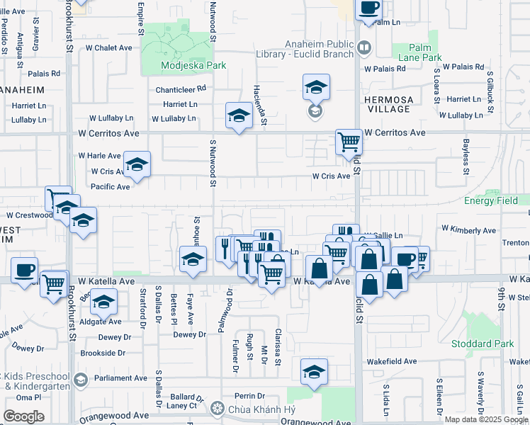 map of restaurants, bars, coffee shops, grocery stores, and more near 1815 West Crestwood Lane in Anaheim