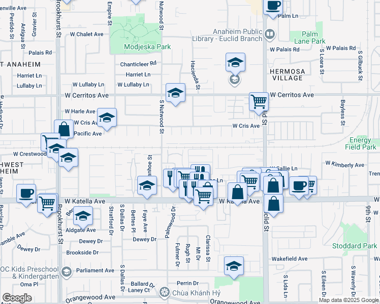 map of restaurants, bars, coffee shops, grocery stores, and more near 1841 West Crestwood Lane in Anaheim