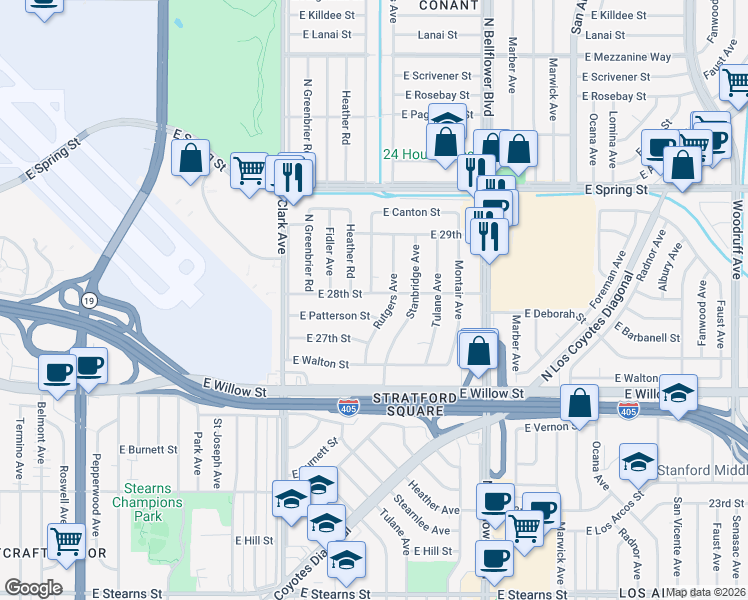 map of restaurants, bars, coffee shops, grocery stores, and more near 5300 East 28th Street in Long Beach