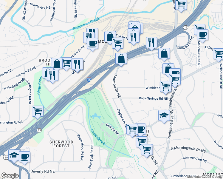 map of restaurants, bars, coffee shops, grocery stores, and more near 505 Ansley Villa Drive Northeast in Atlanta