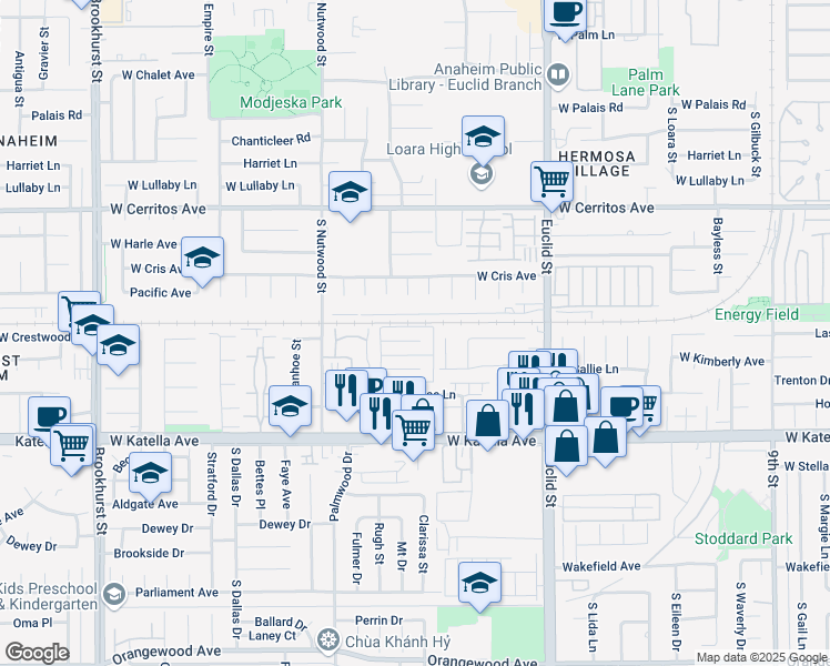 map of restaurants, bars, coffee shops, grocery stores, and more near 1815 West Crestwood Lane in Anaheim