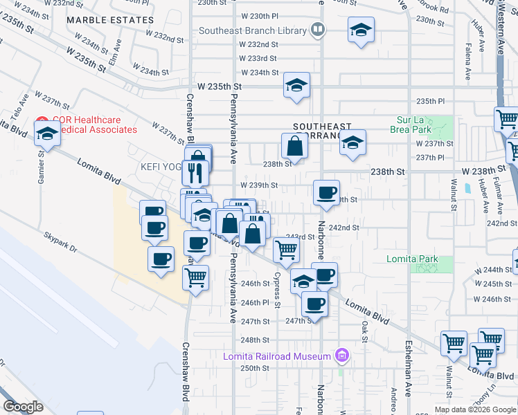 map of restaurants, bars, coffee shops, grocery stores, and more near 2333 241st Street in Lomita