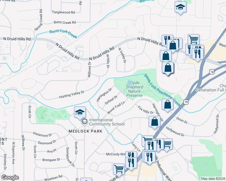 map of restaurants, bars, coffee shops, grocery stores, and more near 2371 Harrington Drive in Decatur
