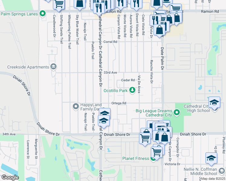 map of restaurants, bars, coffee shops, grocery stores, and more near 33291 Campus Lane in Cathedral City