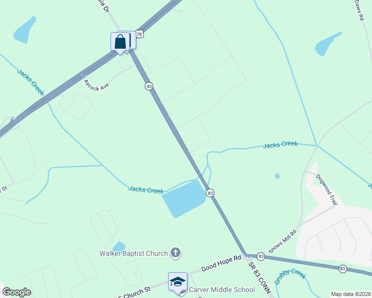 map of restaurants, bars, coffee shops, grocery stores, and more near James Huff Road in Monroe