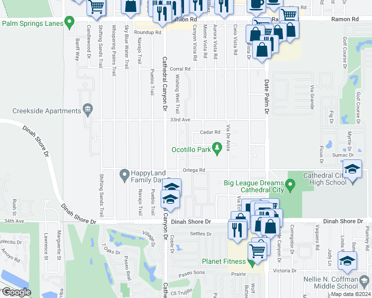 map of restaurants, bars, coffee shops, grocery stores, and more near 33291 Campus Lane in Cathedral City