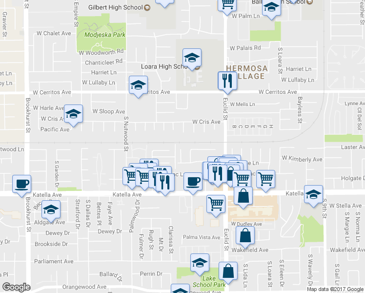 map of restaurants, bars, coffee shops, grocery stores, and more near 1644 South Humor Drive in Anaheim