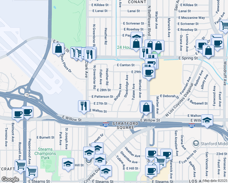 map of restaurants, bars, coffee shops, grocery stores, and more near 5300 East 28th Street in Long Beach