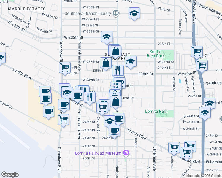 map of restaurants, bars, coffee shops, grocery stores, and more near 2225 241st Street in Lomita