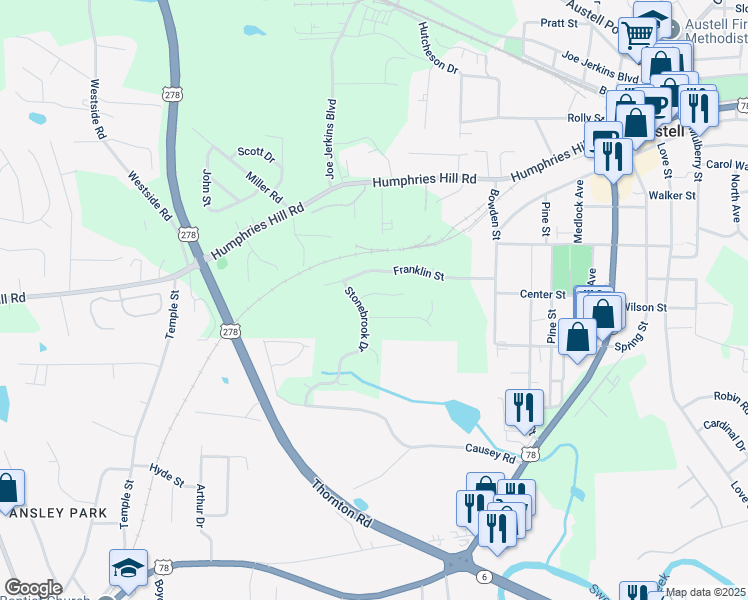 map of restaurants, bars, coffee shops, grocery stores, and more near 6015 Stonebrook Lane in Austell
