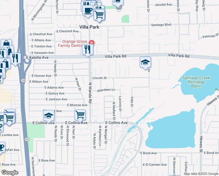 map of restaurants, bars, coffee shops, grocery stores, and more near 10712 Dorothy Circle in Villa Park