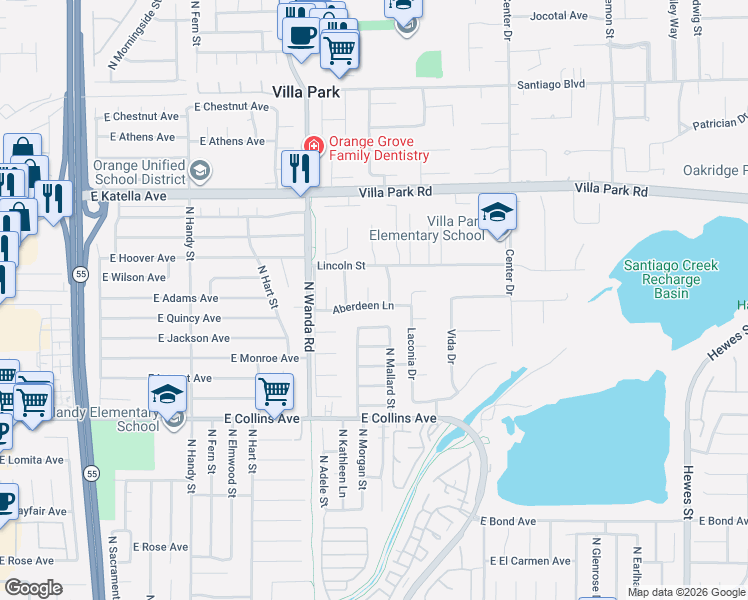 map of restaurants, bars, coffee shops, grocery stores, and more near 10712 Dorothy Circle in Villa Park