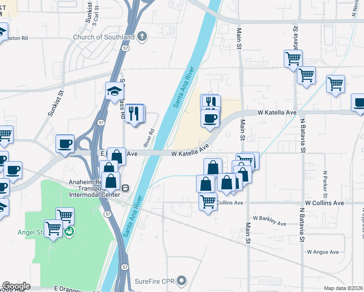 map of restaurants, bars, coffee shops, grocery stores, and more near 1855 West Katella Avenue in Orange