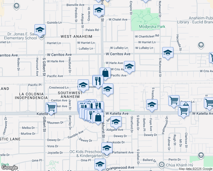 map of restaurants, bars, coffee shops, grocery stores, and more near 1664 South Brookhurst Street in Anaheim