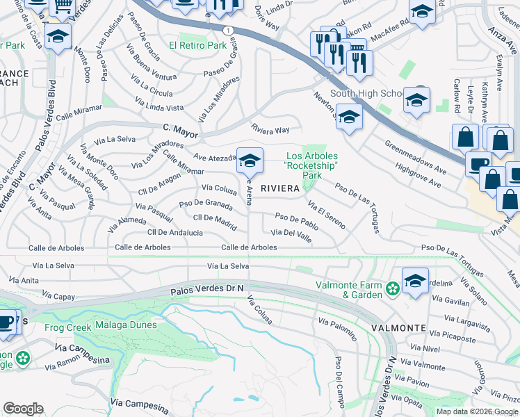 map of restaurants, bars, coffee shops, grocery stores, and more near 5613 Paseo De Pablo in Torrance