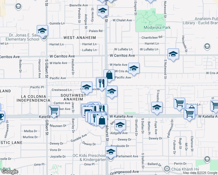 map of restaurants, bars, coffee shops, grocery stores, and more near 1664 South Brookhurst Street in Anaheim