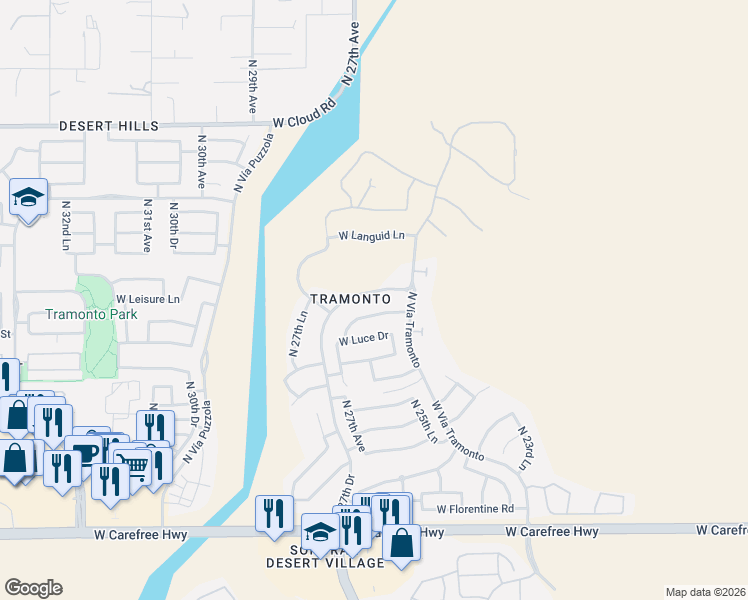 map of restaurants, bars, coffee shops, grocery stores, and more near 2613 West Via Vista in Phoenix