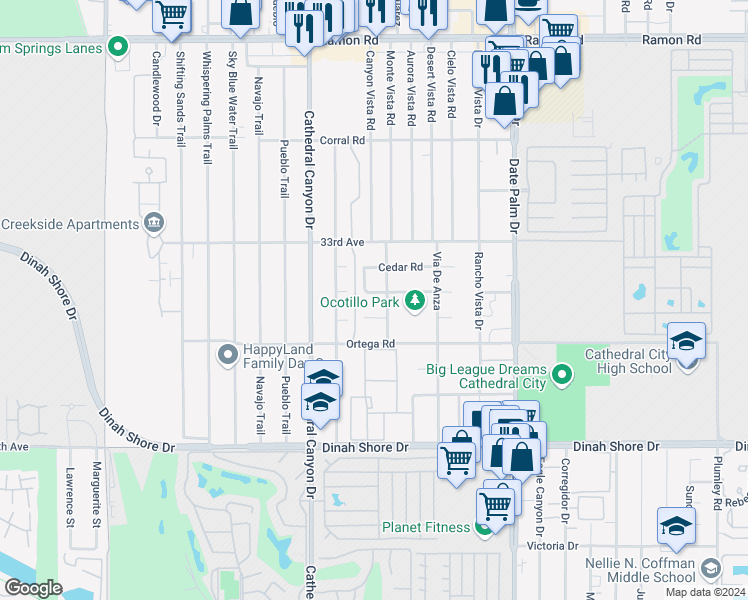map of restaurants, bars, coffee shops, grocery stores, and more near 68660 Ocotillo Road in Cathedral City