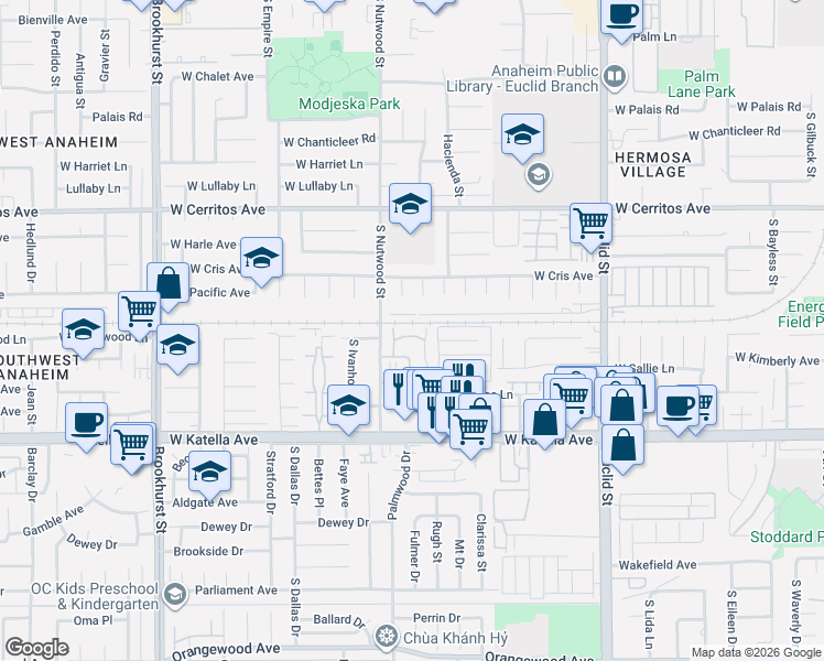 map of restaurants, bars, coffee shops, grocery stores, and more near 1651 Heritage Circle in Anaheim