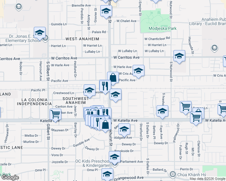 map of restaurants, bars, coffee shops, grocery stores, and more near 1664 South Brookhurst Street in Anaheim