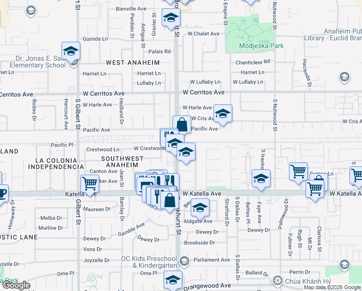 map of restaurants, bars, coffee shops, grocery stores, and more near 1664 South Brookhurst Street in Anaheim