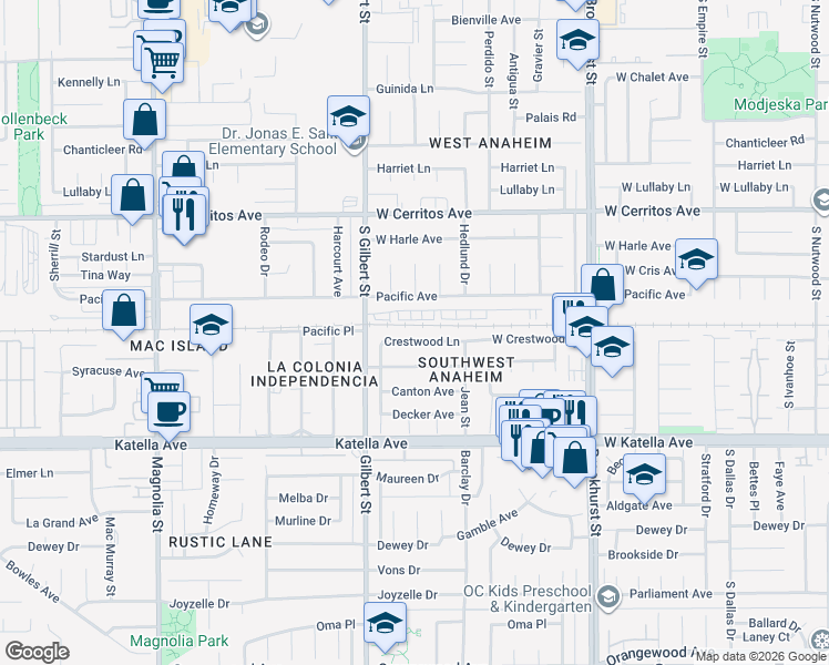map of restaurants, bars, coffee shops, grocery stores, and more near 9581 Crestwood Lane in Anaheim