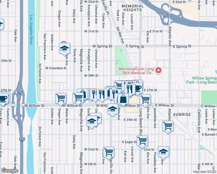 map of restaurants, bars, coffee shops, grocery stores, and more near 2747 Pacific Avenue in Long Beach
