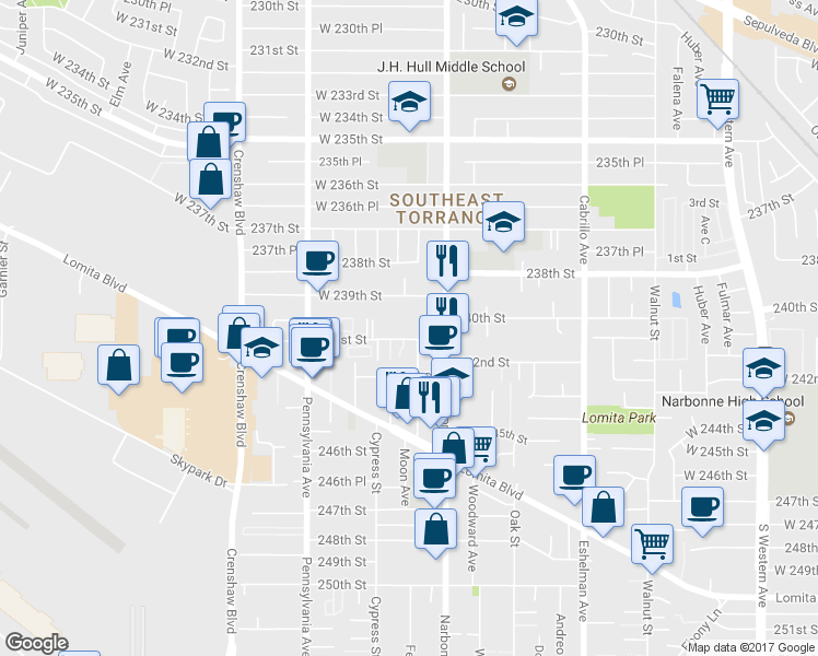 map of restaurants, bars, coffee shops, grocery stores, and more near 2248 West 239th Street in Torrance