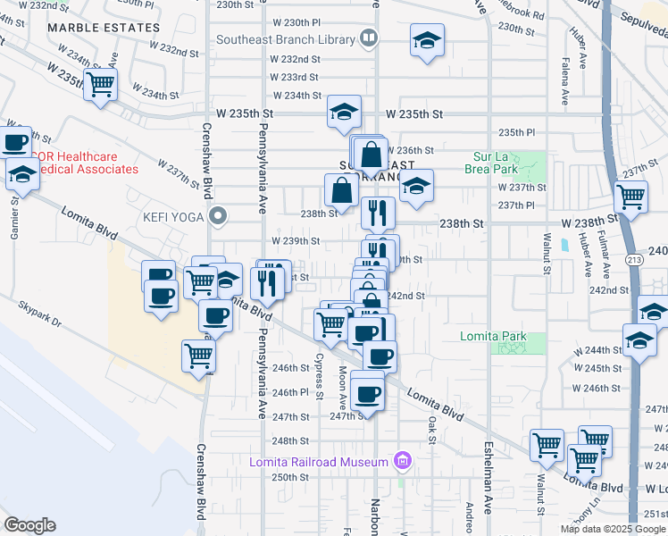 map of restaurants, bars, coffee shops, grocery stores, and more near 2248 West 239th Street in Torrance