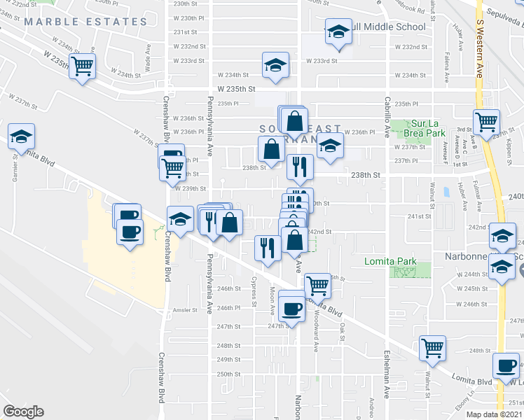 map of restaurants, bars, coffee shops, grocery stores, and more near 2248 West 239th Street in Torrance