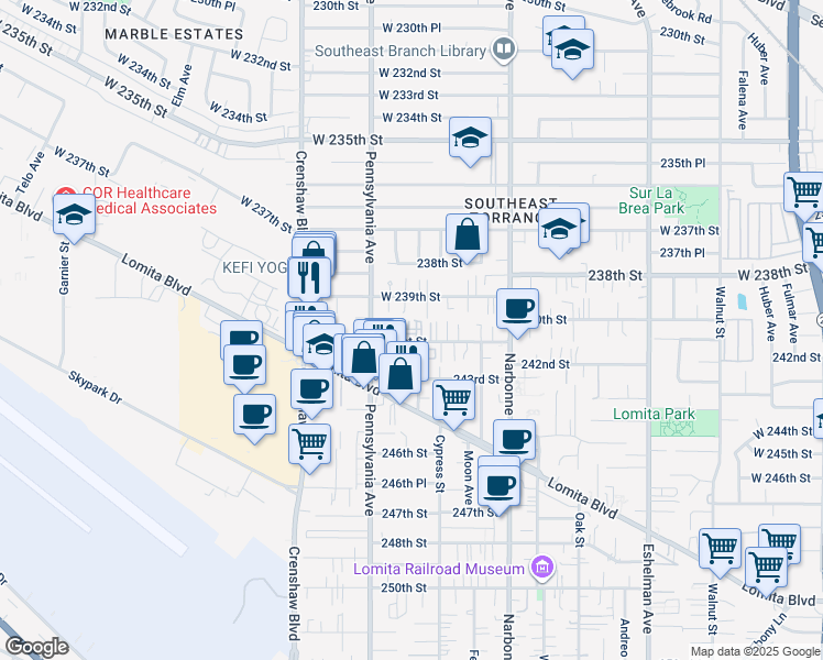 map of restaurants, bars, coffee shops, grocery stores, and more near 2360 West 239th Street in Torrance