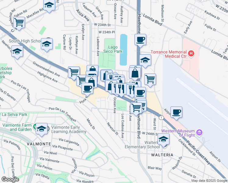 map of restaurants, bars, coffee shops, grocery stores, and more near in Torrance
