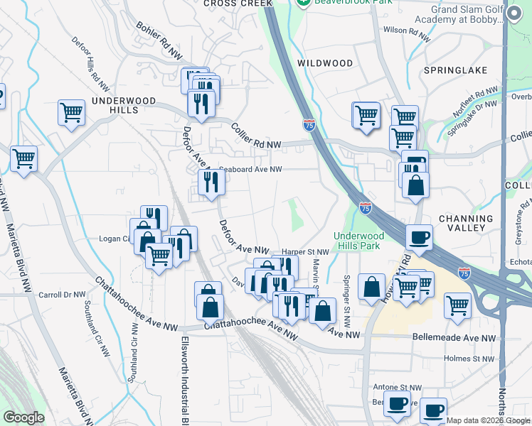 map of restaurants, bars, coffee shops, grocery stores, and more near 1895 Volberg Street Northwest in Atlanta