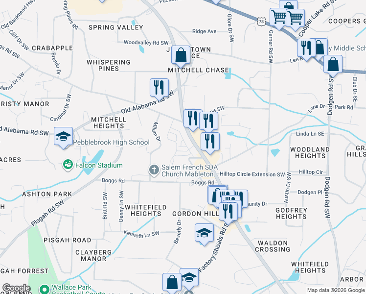 map of restaurants, bars, coffee shops, grocery stores, and more near 6010 Mableton Parkway Southwest in Mableton