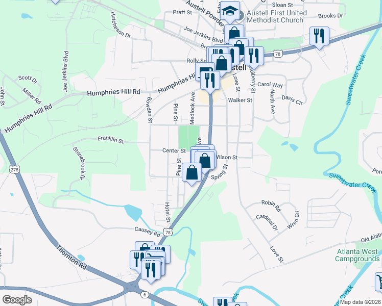 map of restaurants, bars, coffee shops, grocery stores, and more near 2885 Center Street in Austell