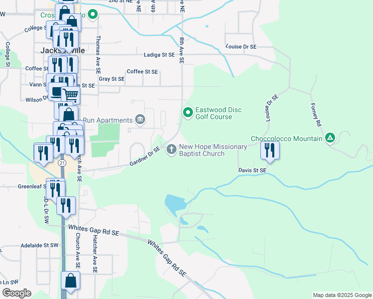 map of restaurants, bars, coffee shops, grocery stores, and more near 1722 Louise Drive Southeast in Jacksonville
