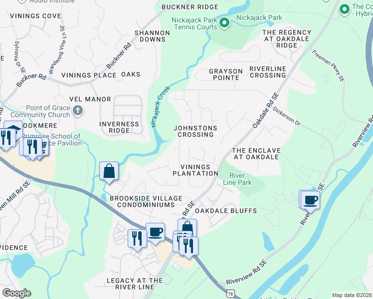 map of restaurants, bars, coffee shops, grocery stores, and more near 6010 Farmwood Way SE in Mableton