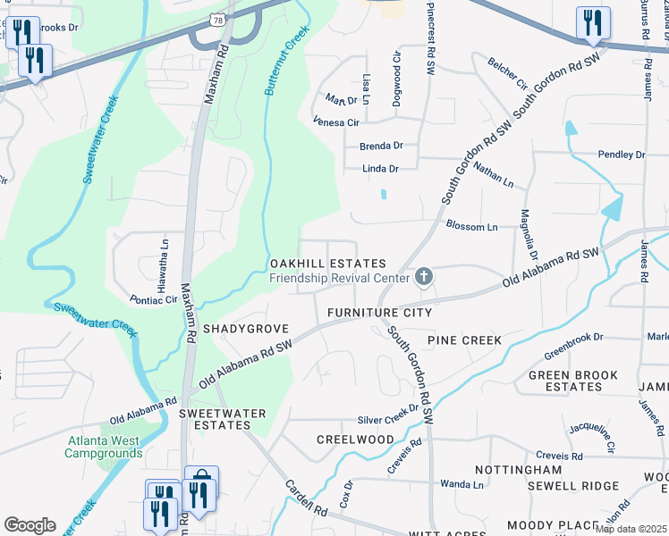 map of restaurants, bars, coffee shops, grocery stores, and more near 6073 Terry Lane in Austell