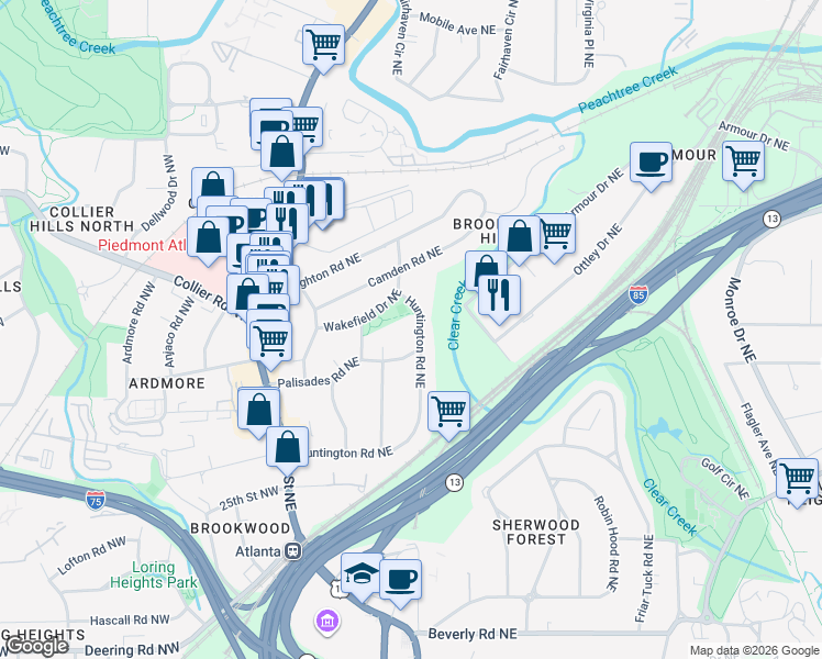 map of restaurants, bars, coffee shops, grocery stores, and more near 226 Huntington Road Northeast in Atlanta