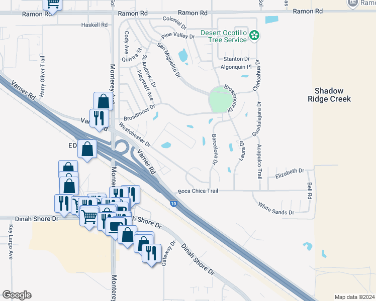 map of restaurants, bars, coffee shops, grocery stores, and more near 73361 San Carlos Drive in Thousand Palms
