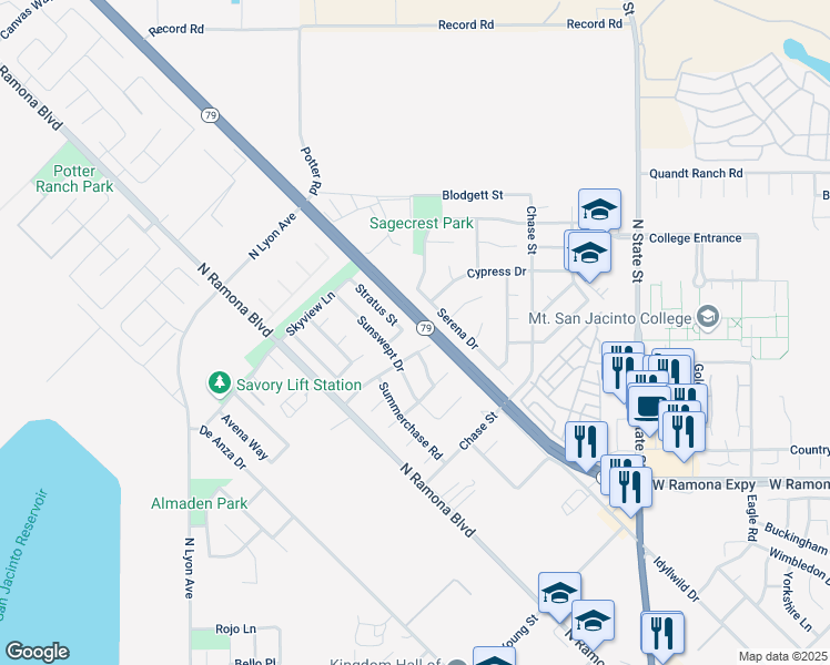 map of restaurants, bars, coffee shops, grocery stores, and more near 965 Cirrus Way in San Jacinto