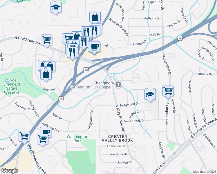 map of restaurants, bars, coffee shops, grocery stores, and more near 3017 Orion Drive in Decatur