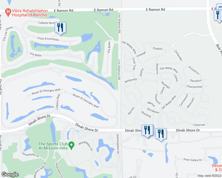 map of restaurants, bars, coffee shops, grocery stores, and more near 199 Loch Lomond Road in Rancho Mirage