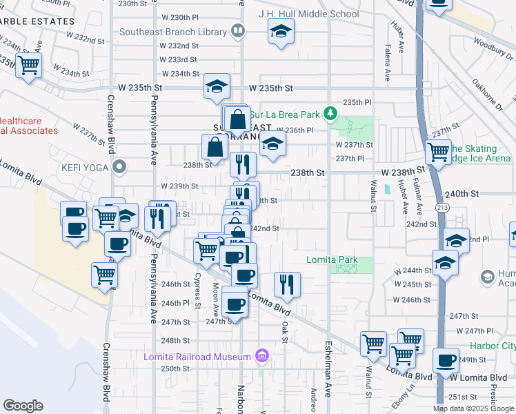 map of restaurants, bars, coffee shops, grocery stores, and more near 2150 240th Street in Lomita