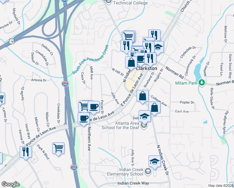 map of restaurants, bars, coffee shops, grocery stores, and more near 985 Smith Street in Clarkston