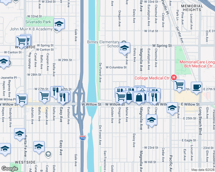 map of restaurants, bars, coffee shops, grocery stores, and more near 2720 San Francisco Avenue in Long Beach