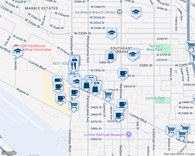 map of restaurants, bars, coffee shops, grocery stores, and more near 2333 241st Street in Lomita